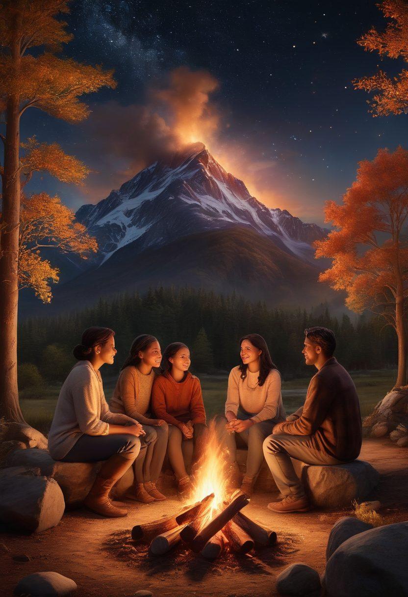 A warm, inviting scene depicting a diverse family gathering around a bonfire under the stars, their faces illuminated by the flames, symbolizing connection and heritage. Incorporate ancestral symbols and nature elements, such as trees and mountains in the background, representing growth and roots. Use soft, warm lighting to evoke feelings of nostalgia and joy. super-realistic. vibrant colors. warm tones.