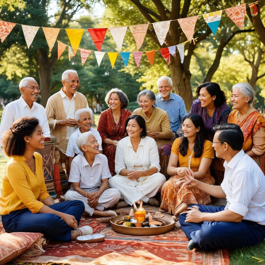 A warm, inviting family gathering in a sunny park, featuring diverse generations sharing stories and laughter, surrounded by traditional cultural artifacts such as woven textiles and ancestral portraits. The background showcases colorful flags and decorations representing various heritages. Add a golden hour glow to enhance the joyful atmosphere. super-realistic. vibrant colors. warm tones.