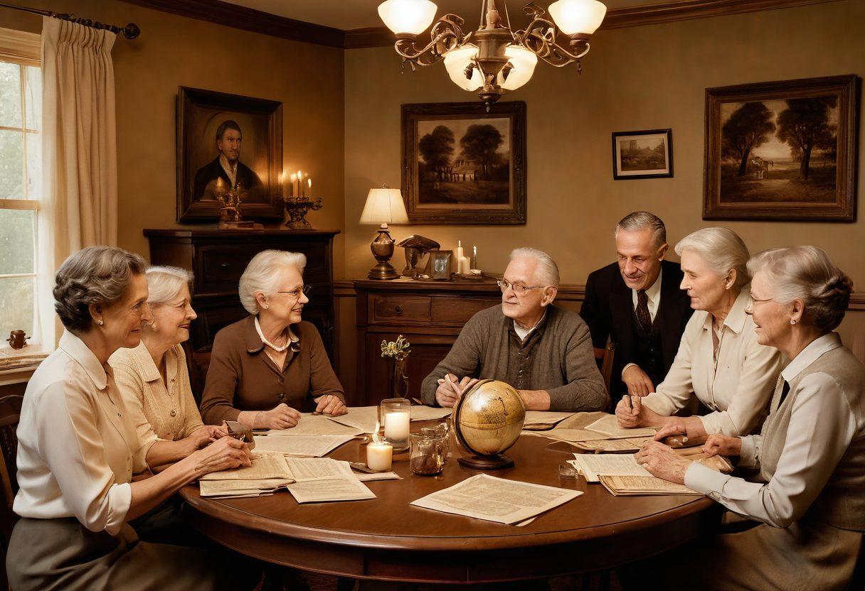 A warm, inviting family gathering scene around a vintage dining table, with members of different generations sharing stories, a family tree displayed in the background, sepia-toned photographs scattered across the table, and ancestral artifacts like a globe and journals, reflecting a blend of love and history. soft lighting. painting. warm colors.